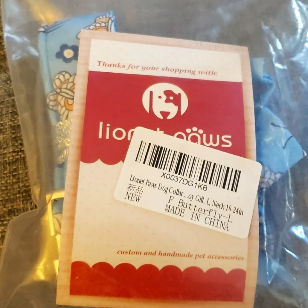Lionet Paws Blue with Butterfly Print Dog Collar Size L 16-24 Inches